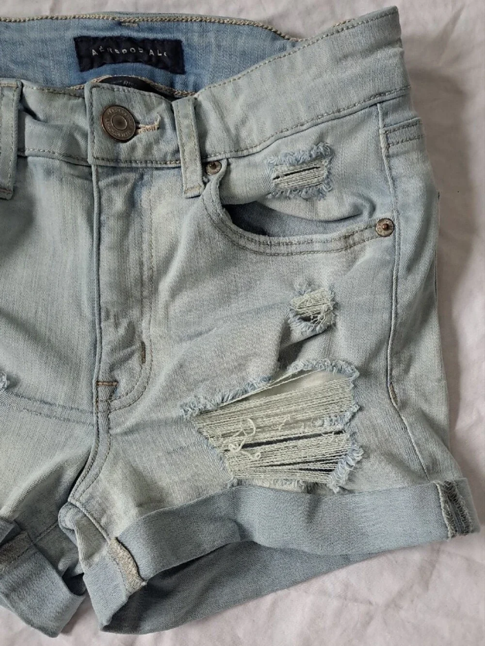 Aeropostale High Rise Midi Light Blue Denim Shorts Distressed Roll Hem Thrash 2
